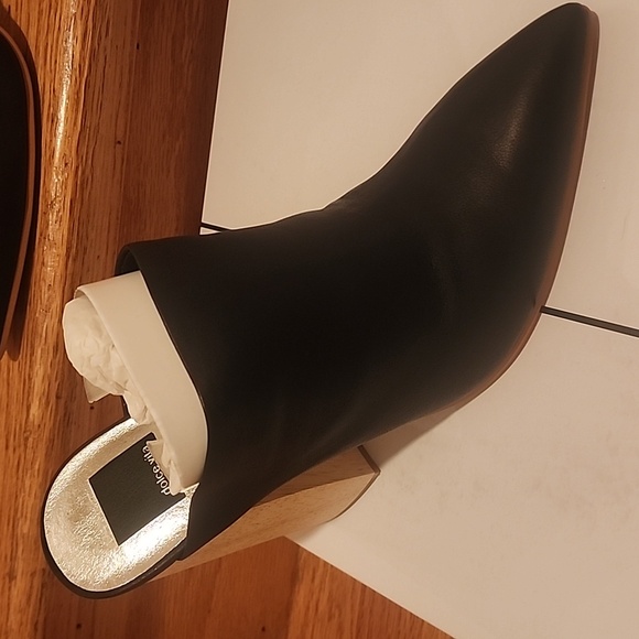 NIB Dolce Vida "Enyo" Black Leather Pointed Toe Mules Wood Heels 9.5M - Picture 2 of 13